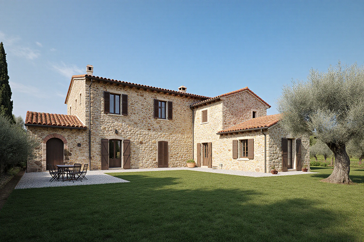 Italian country house in natural stone, with a residential courtyard and olive trees