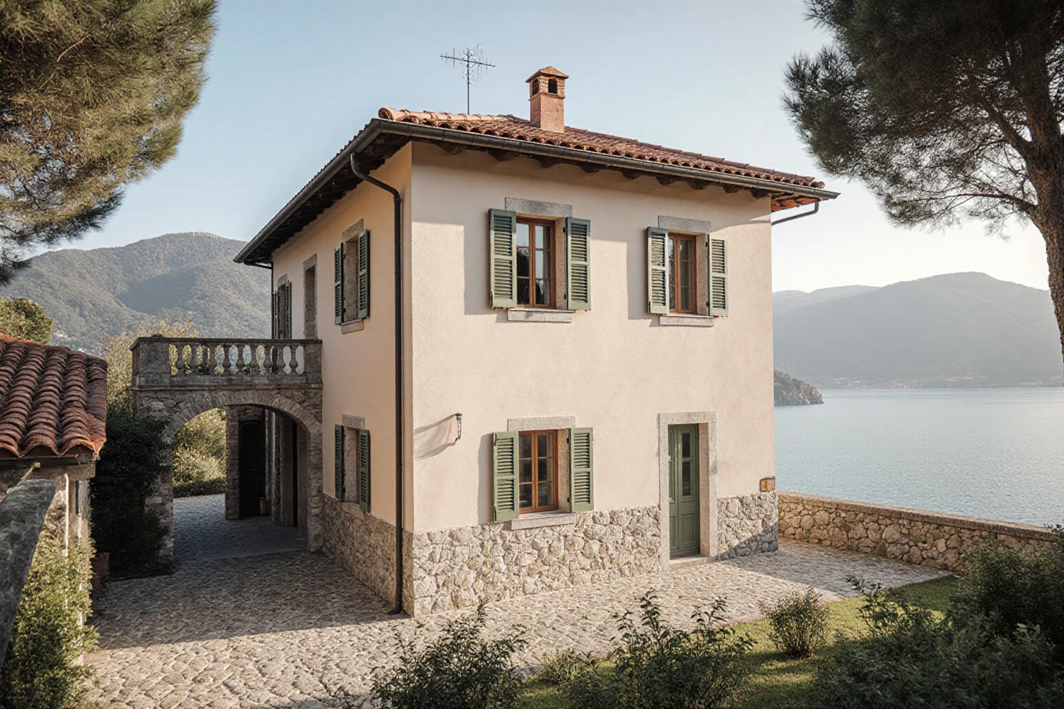 Italian-style villa with shutters, a tiled roof and a lakeside garden